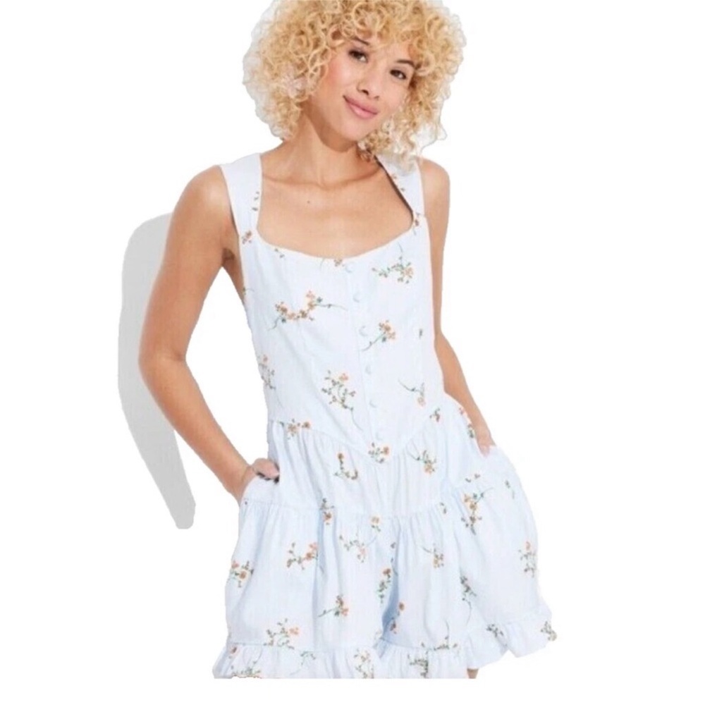 Wild Fable Woman’s Button Front Tiered Romper Light Blue Floral Sz XL | NWT - Picture 2 of 9